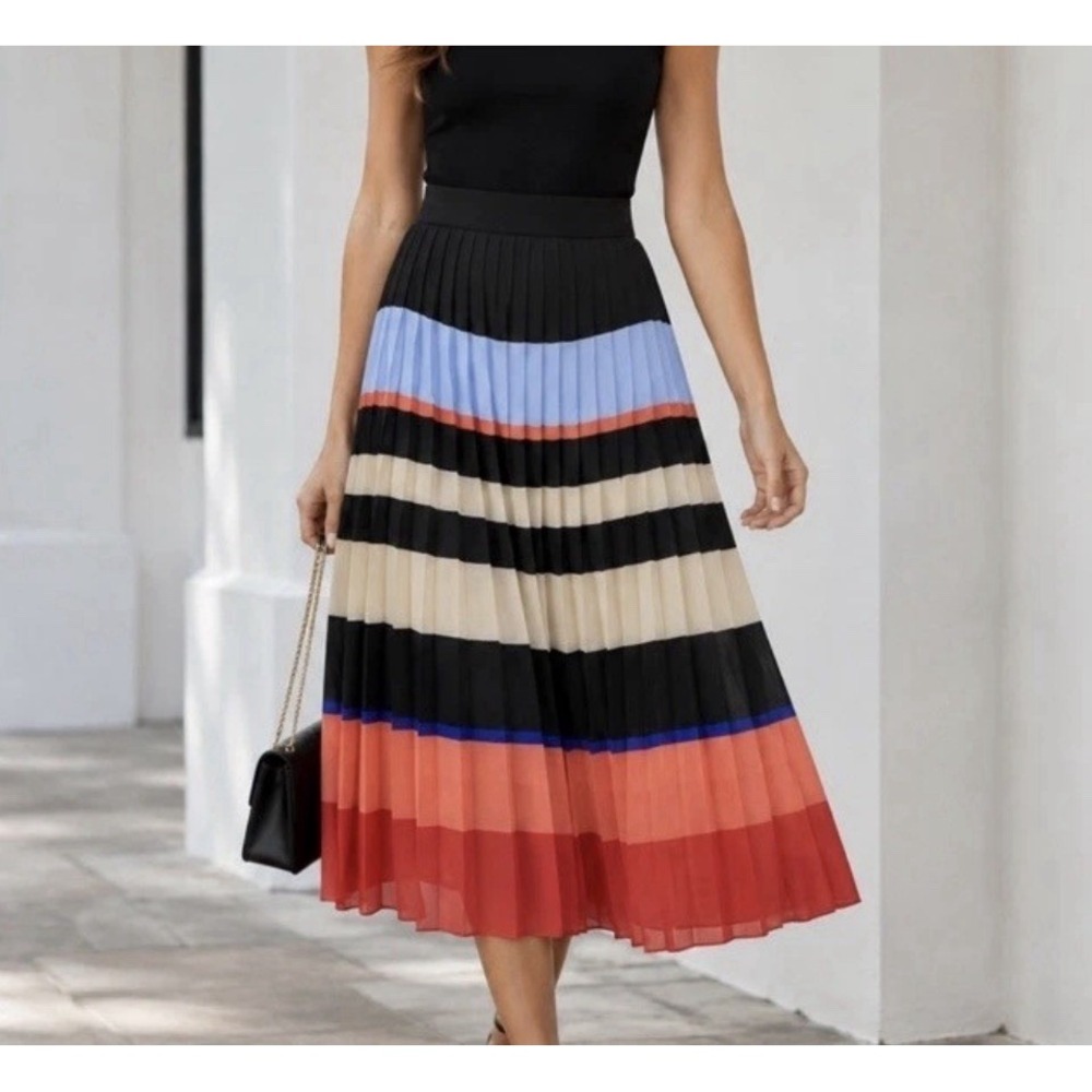 Ann Taylor Woman's Striped Multicolor Midi Skirt Size 2 Zip Retro Artsy Pleated